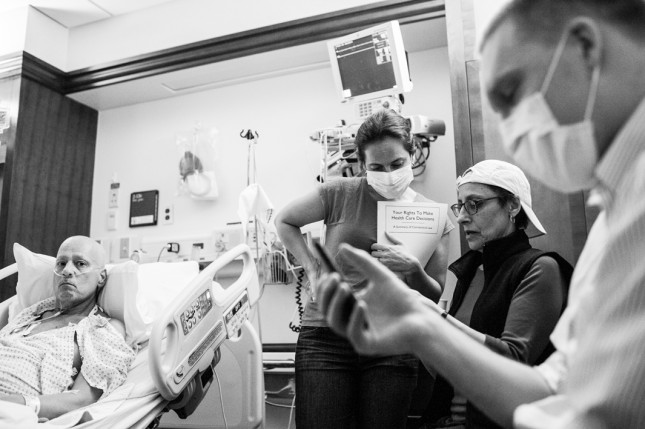 Howard Borowick and his family celebrate the first night of Hannukah in the hospital by talking and singing, interrupted by nurses and doctors taking vitals and administering medication. The next day they celebrated Thanksgiving. Howard would never return home. Greenwich, CT. November, 2013.